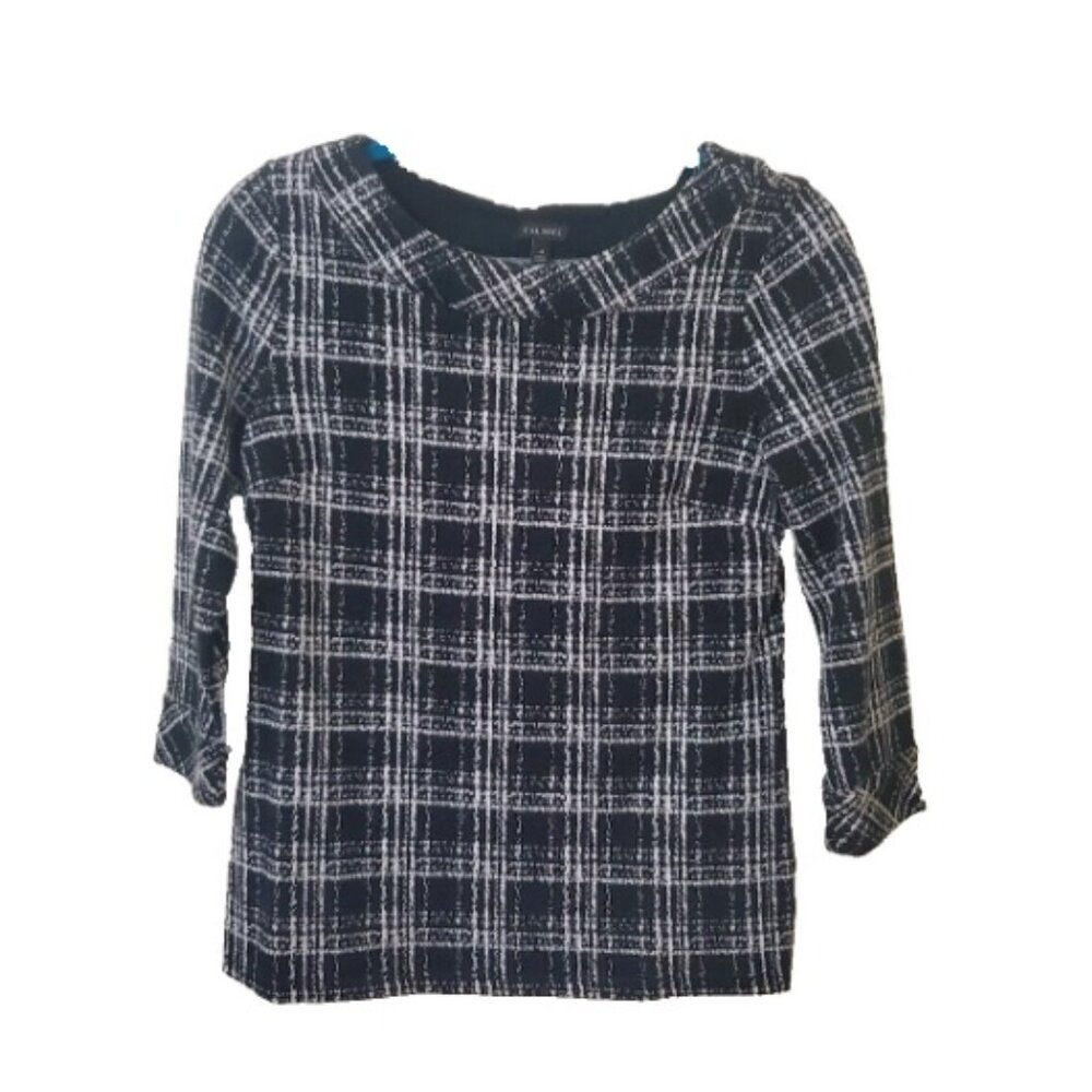 Talbots Women's Plaid Boatneck Top 3/4 Sleeve, Stretchy Ponte Knit, Size Medium